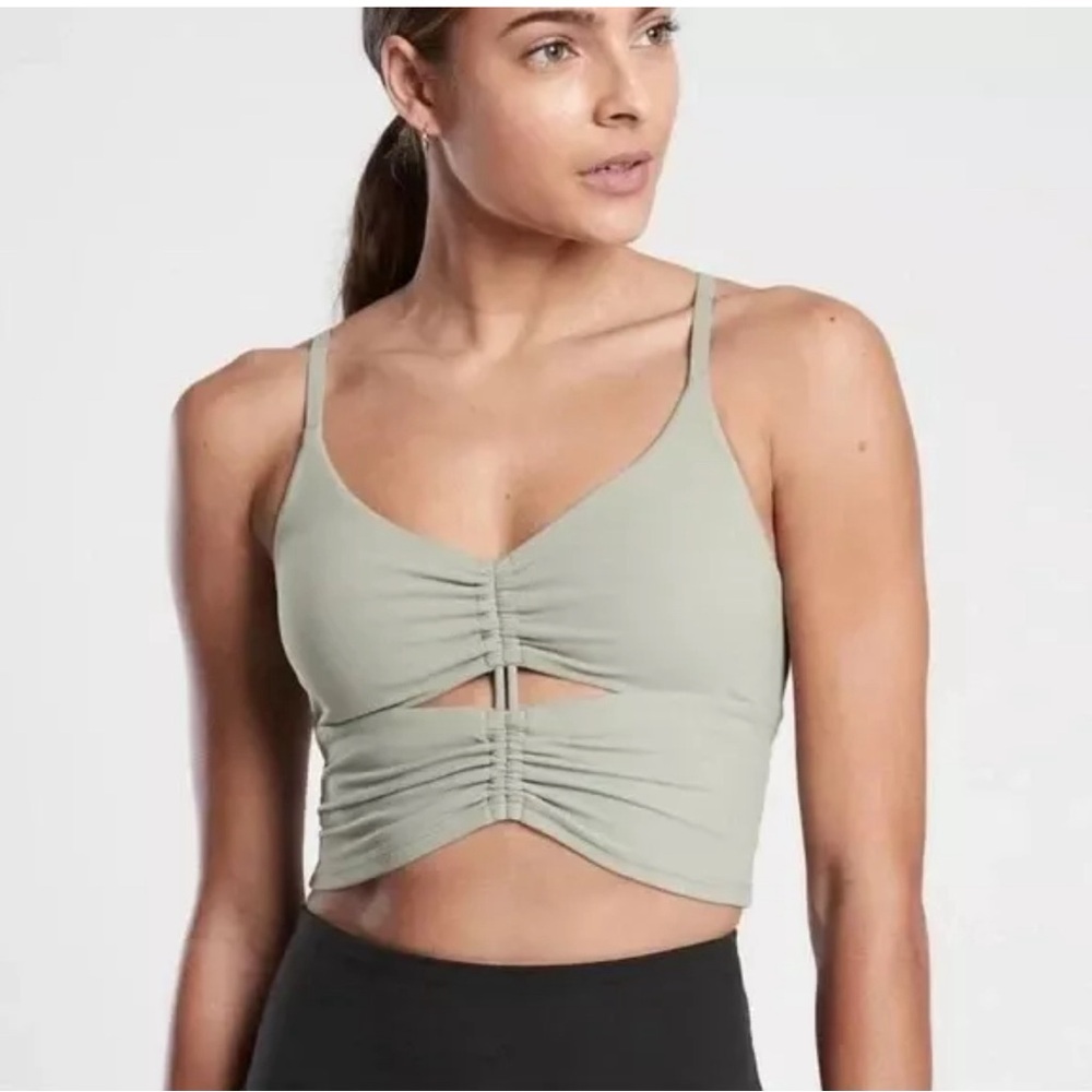 Athleta Cinch Longline Sports Bra A-C Sage Green Ruched Front Yoga Women’s Sz XS